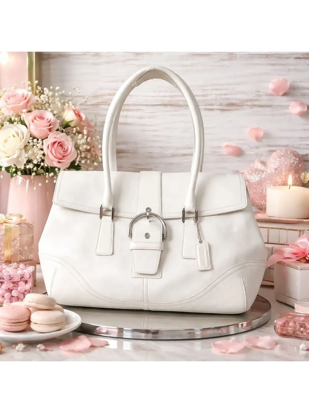 Coach Buckle Vintage Hand Shoulder Bag Soho‎ White Leather Satchel Silver Hardwa
